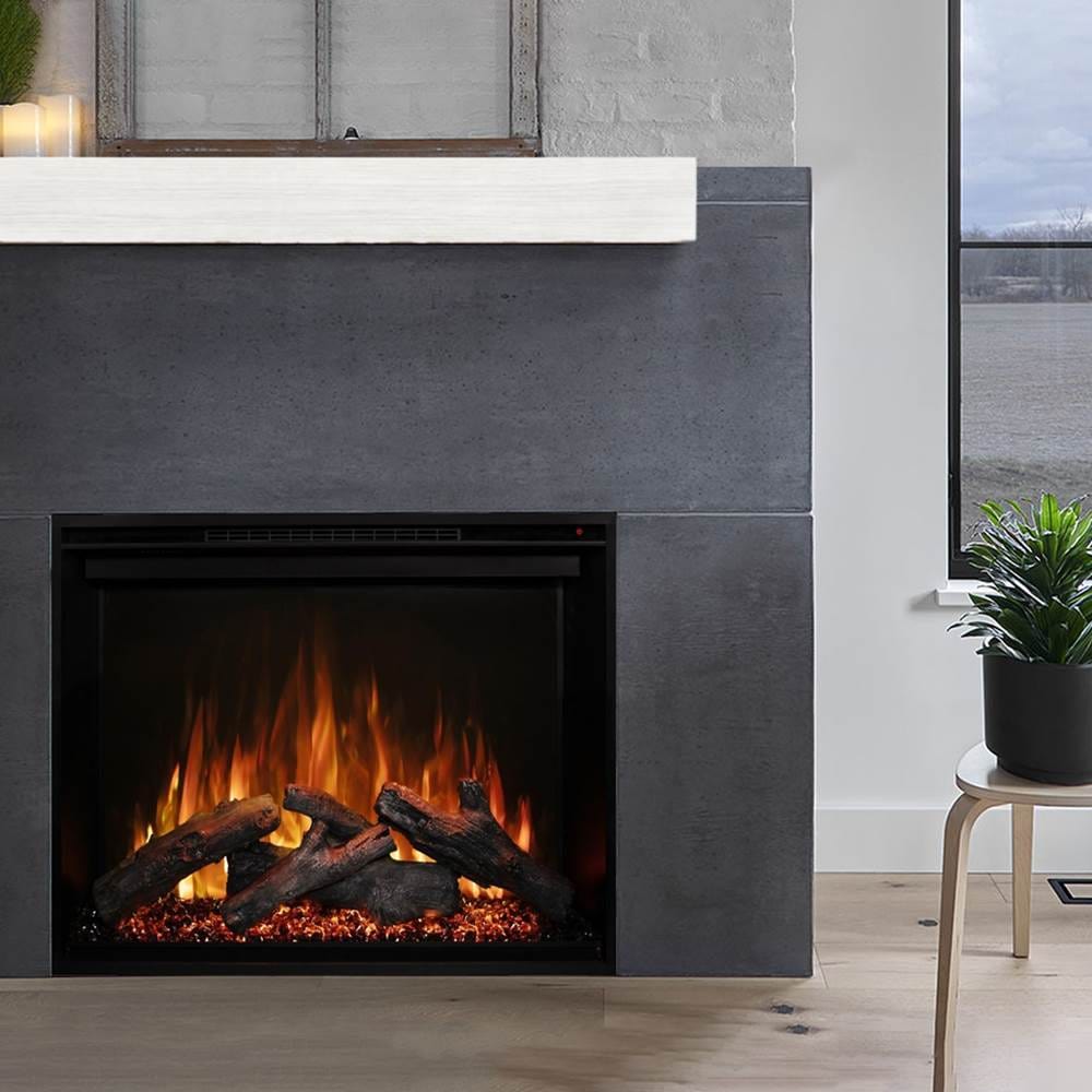 Modern Flames Redstone 36 Electric Fireplace with white mantel in a sleek living room