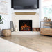 Modern Flames Redstone Electric Fireplace with brown mantel in transitional living room