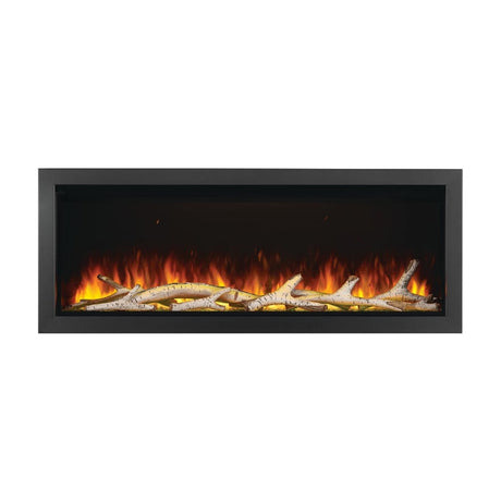 napoleon astound 62" electric fireplace with birch logs and yellow ember lights