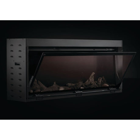 napoleon astound 62" electric fireplace with driftwood logs and front glass slightly open