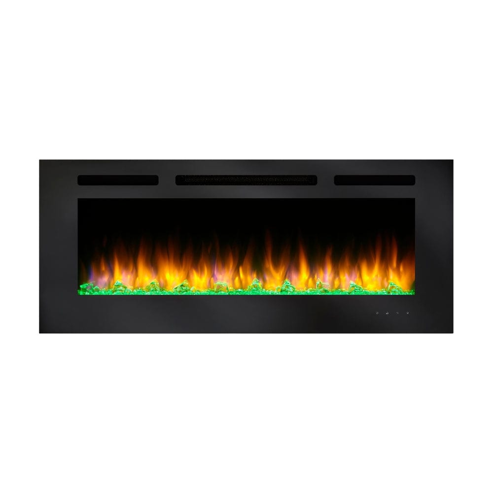 simplifire allusion 48-inch electric fireplace with orange flames and green ember lights