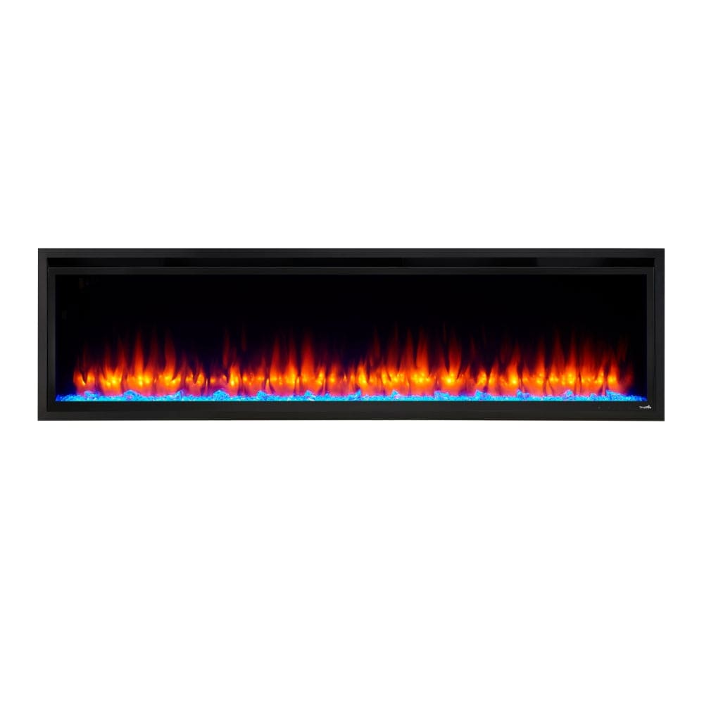 simplifire allusion platinum 72" electric fireplace with orange flames and blue ember lights