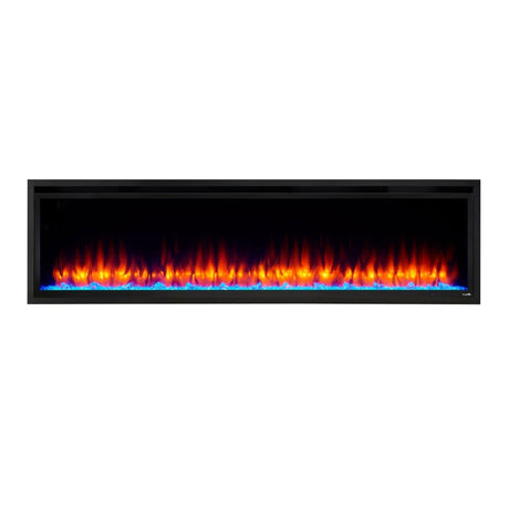 simplifire allusion platinum 72" electric fireplace with orange flames and blue ember lights