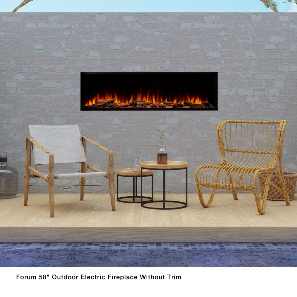 Simplifire Forum 58-Inch Outdoor Electric Fireplace recessed on a brick wall by the pool