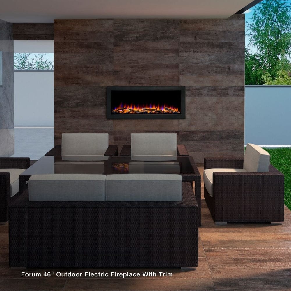Simplifire Forum 46" Built-In Outdoor Electric Fireplace with trim in a cozy patio setting