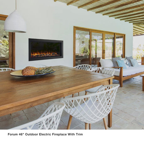 Simplifire Forum Built-In Outdoor Electric Fireplace with trim in an outdoor dining area