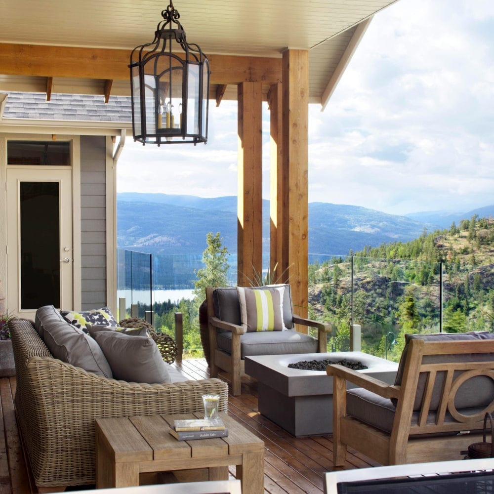 solus elevated halo square gas fire pit on a terrace with mountain view