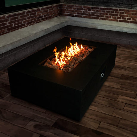Stonelum Manhattan 01 Rectangular Black Fire Pit Table on a deck