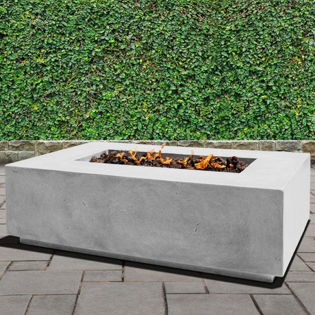 Stonelum Manhattan 01 Rectangular White Fire Pit Table in a garden