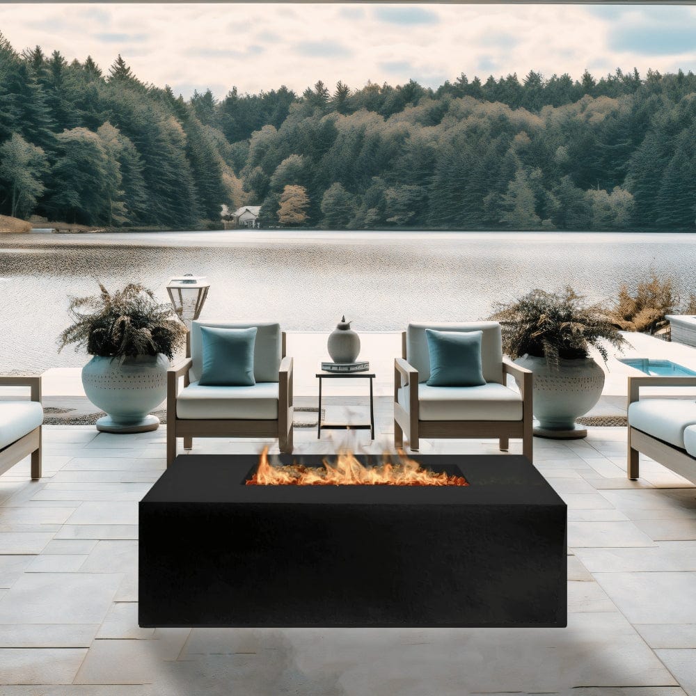 Stonelum Manhattan 04 Rectangular Black Fire Pit on a patio by the lake