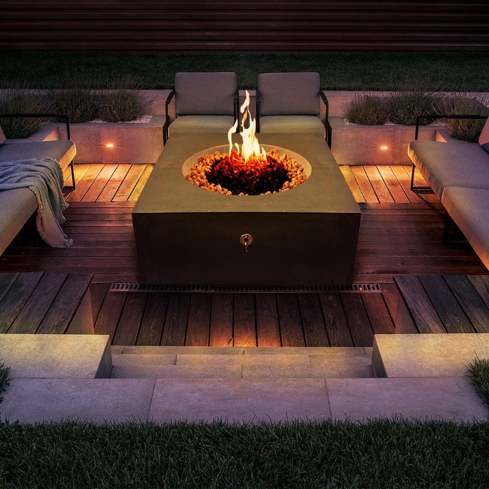 stonelum praga 1 square graphite gas fire pit in a cozy patio setup
