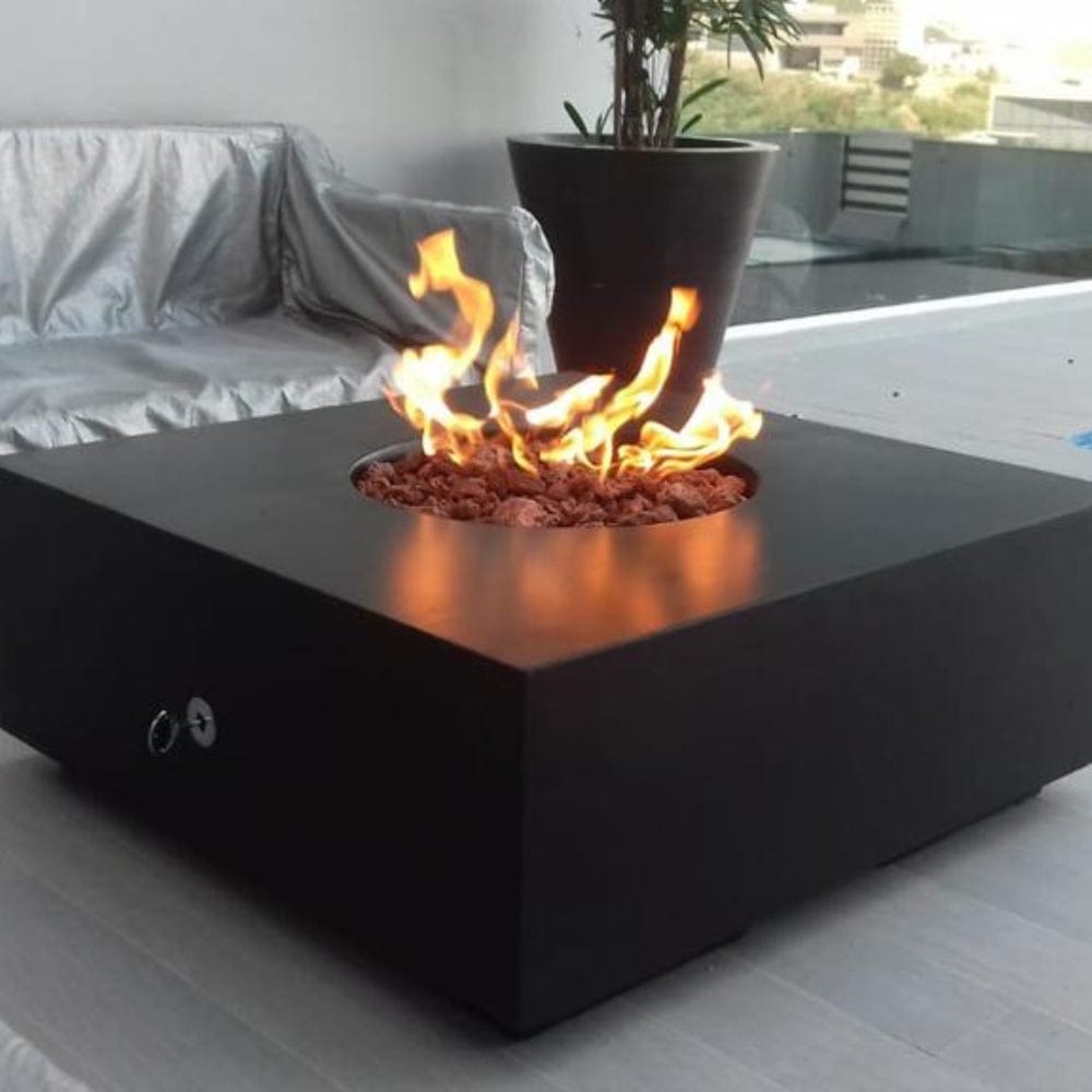 stonelum praga 1 square black gas fire pit on a patio