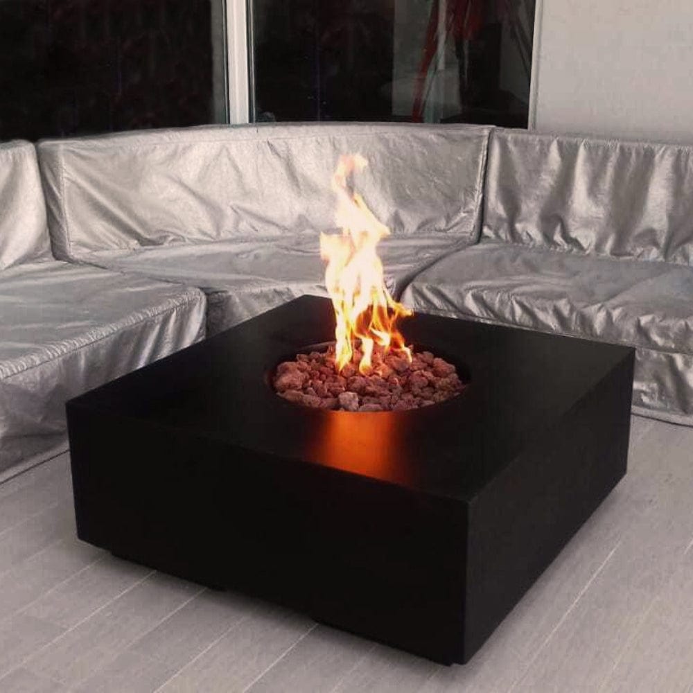 stonelum praga 1 square black gas fire pit with chairs around it