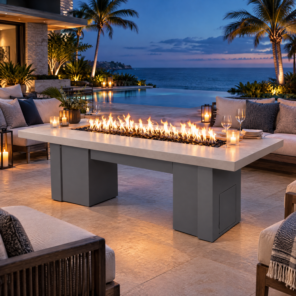 Top Fires Alameda 72-inch GFRC gas fire table with a Limestone tabletop and Gray base on a luxury poolside patio at blue hour