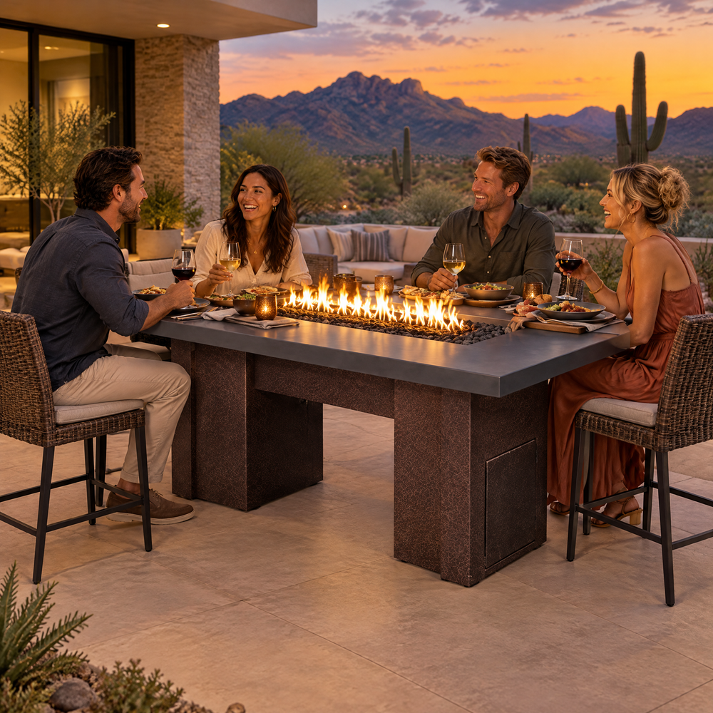 Friends dining on a desert modern patio at dusk around a Top Fires Alameda 72-inch GFRC gas fire table with a Metallic Slate tabletop and Copper Vein base