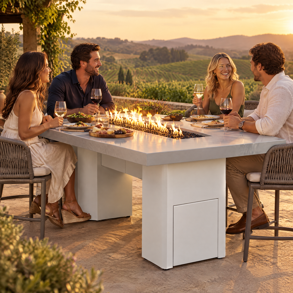Couples dining on a vineyard terrace at golden hour around a Top Fires Alameda 72-inch GFRC gas fire table with a Metallic Pearl tabletop and White base