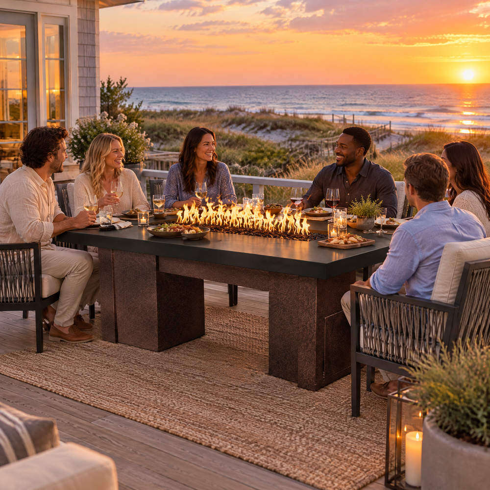 Friends dining on a beach house deck at sunset around a Top Fires Alameda 72-inch GFRC gas fire table with a Smooth Black tabletop and Copper Vein base