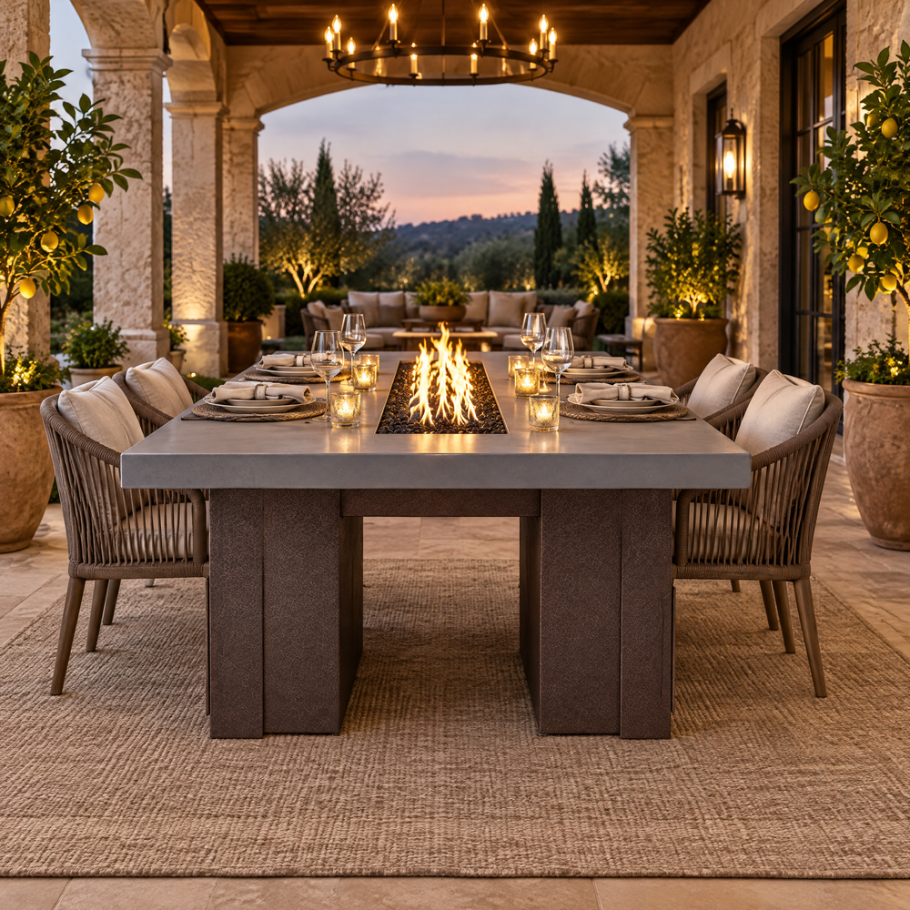 Top Fires Alameda 72-inch GFRC gas fire table with a Natural Gray tabletop and Copper Vein base in an elegant covered stone loggia set for dinner