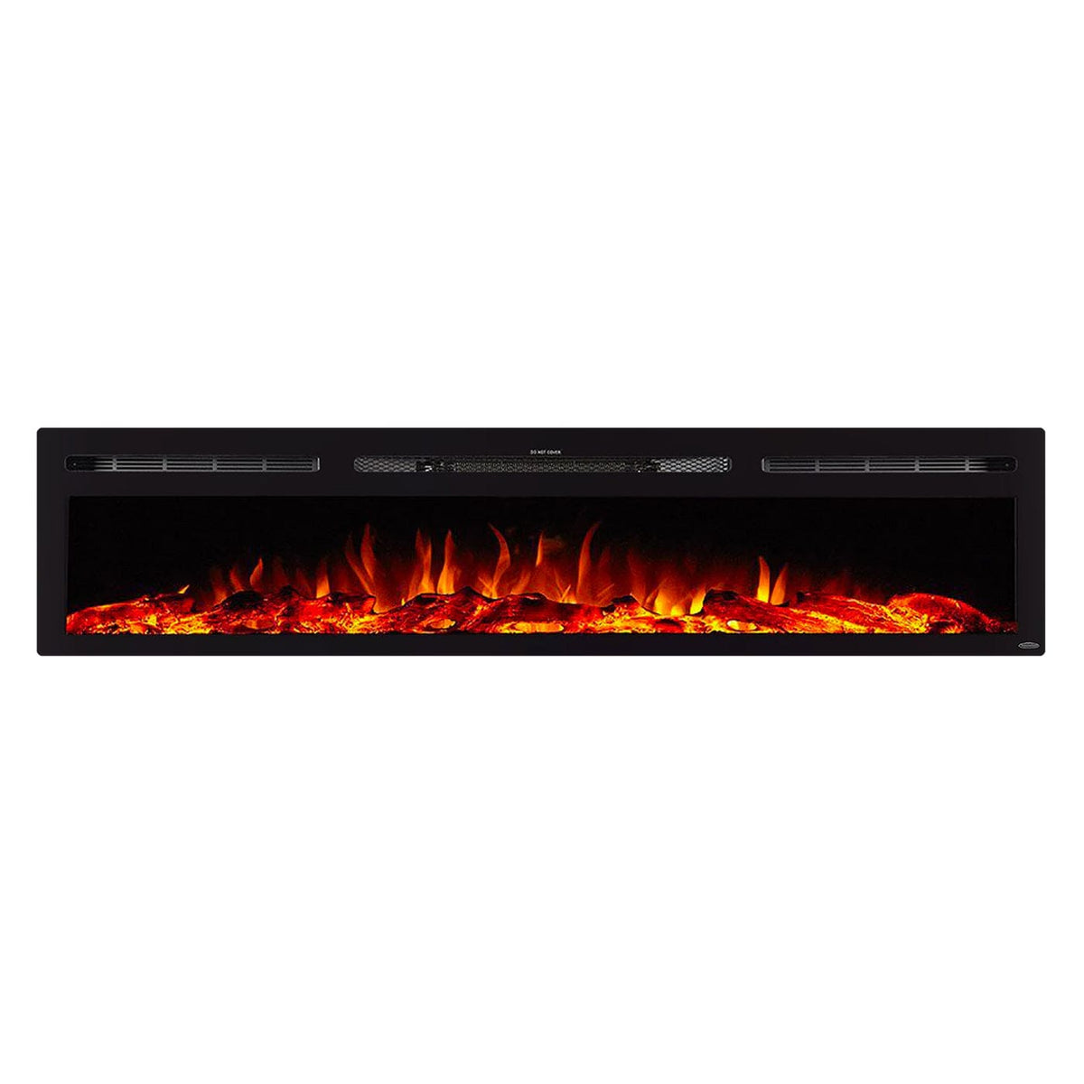 Touchstone Sideline 84-Inch recessed electric fireplace installed in a room