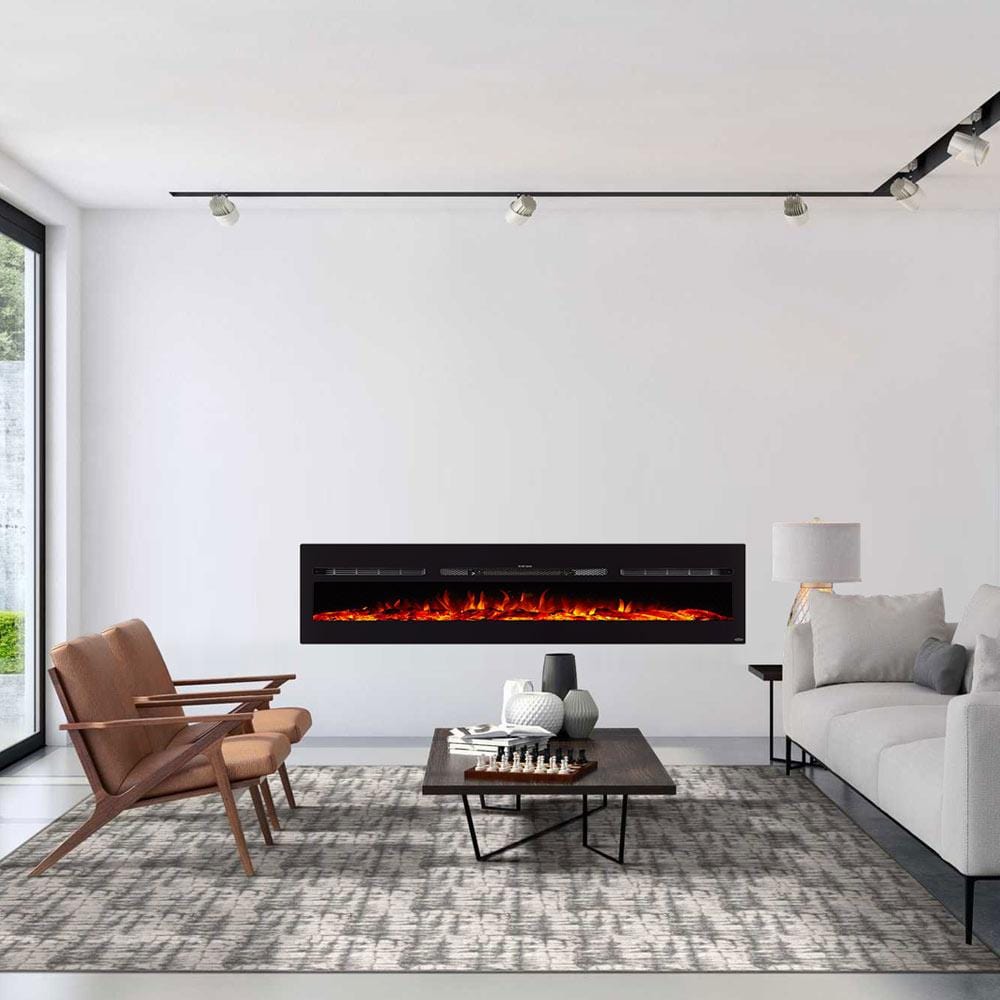 Touchstone Sideline 84-Inch recessed electric fireplace installed in a room