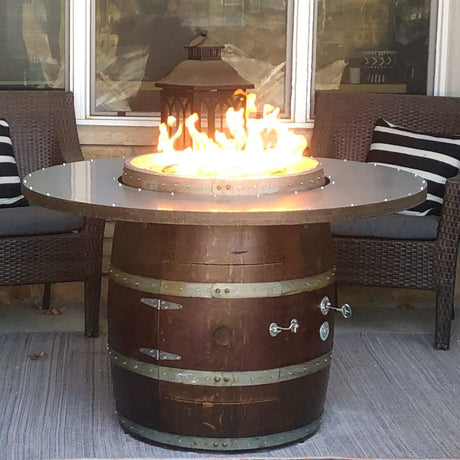 Wine Barrel Dude Custom Height Gas Fire Pit Table on a patio