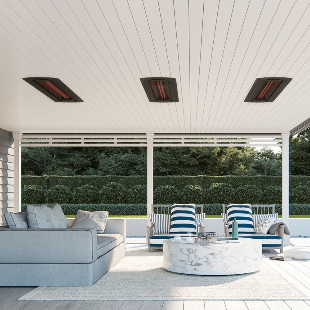 Black bromic tungsten smart-heat black electric patio heater flush mounted in patio