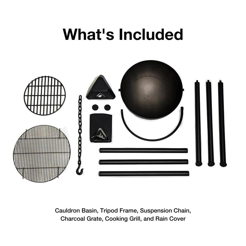 included basin, tripod, and accessories in cowboy cauldron fire pit grill