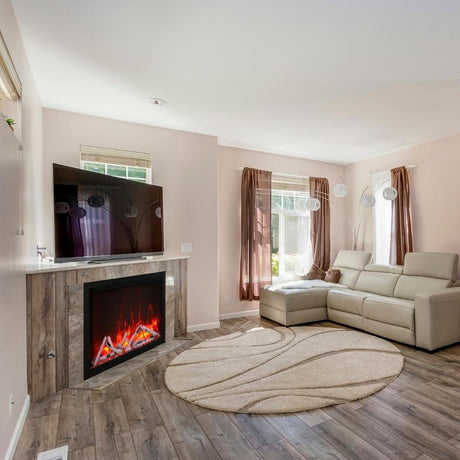 Amantii Traditional 44" Built-in Electric Fireplace installed below a tv in the living room