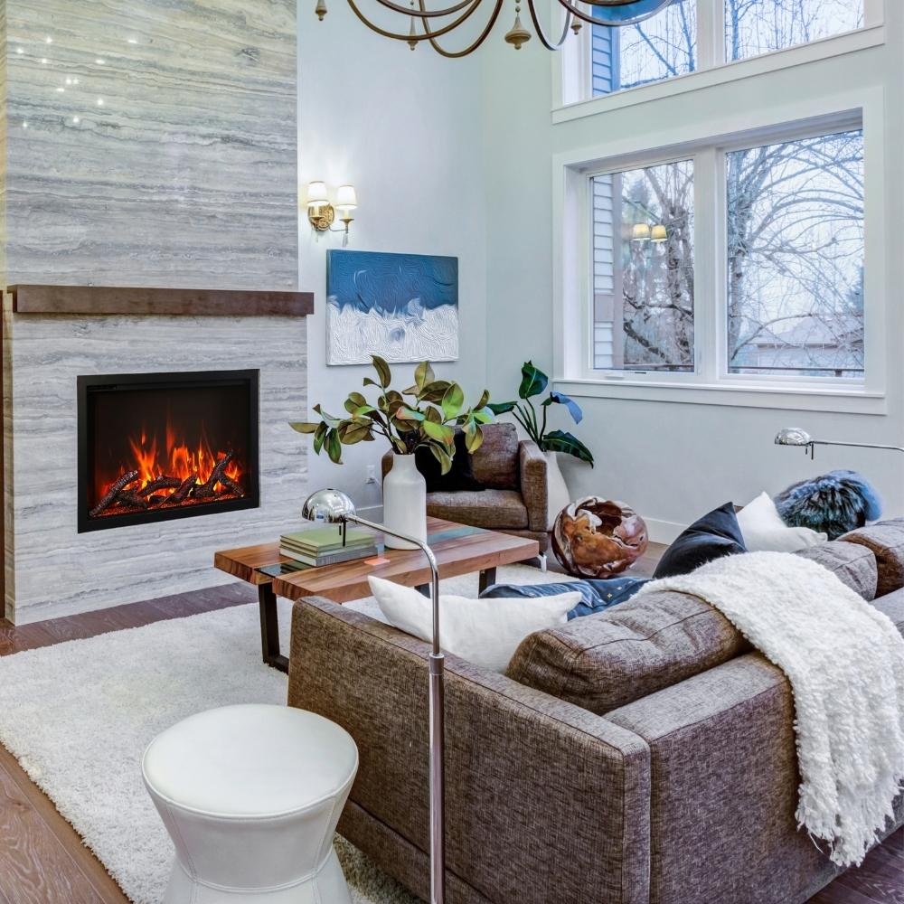 Amantii Traditional 38" Built-in Electric Fireplace with Wood Mantel in scandi inspired living space