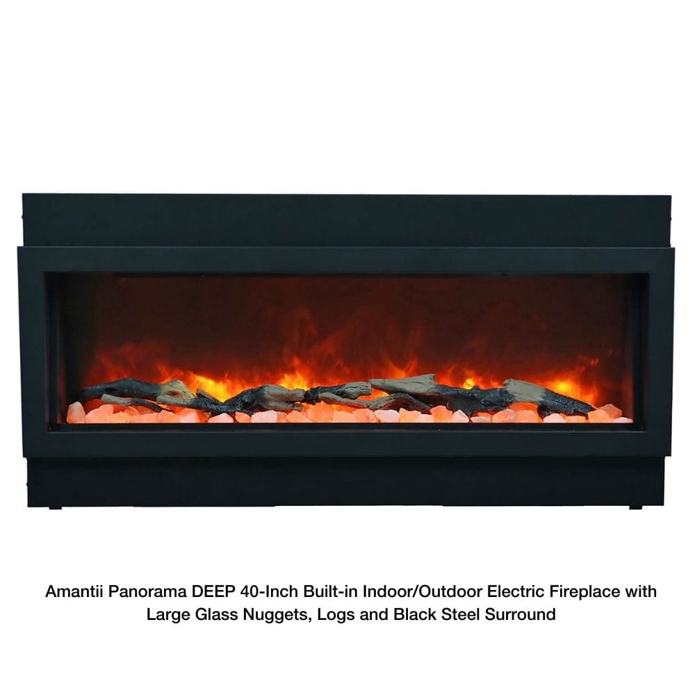 DEEP 40-Inch Built-in Indoor/Outdoor Electric Fireplace with red Flame and Black steel surround with Large Glass Nuggets and Logss