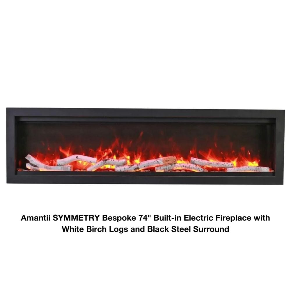 SYMMETRY Bespoke Built-in Electric Fireplace with WiFi and Sound with Flames, Birch Log Set and Black Surround