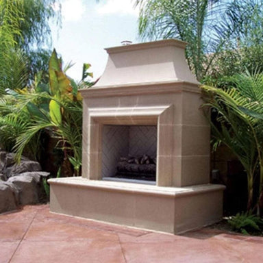 American Fyre Designs Reduced Cordova 76-Inch Recessed Body and Hearth Outdoor Gas Fireplace Between Palm Trees