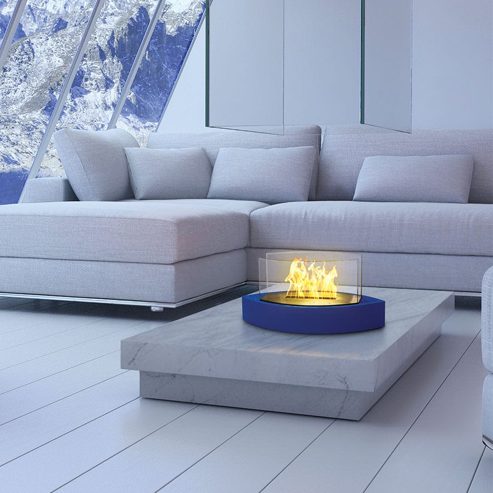 Anywhere Fireplace Lexington Blue Table Top Ethanol Fireplace on Marble Living Room Table