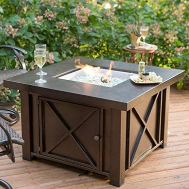 AZ Patio Heaters Decorative Hammered Bronze 38" Square Gas Fire Pit Table in garden setting