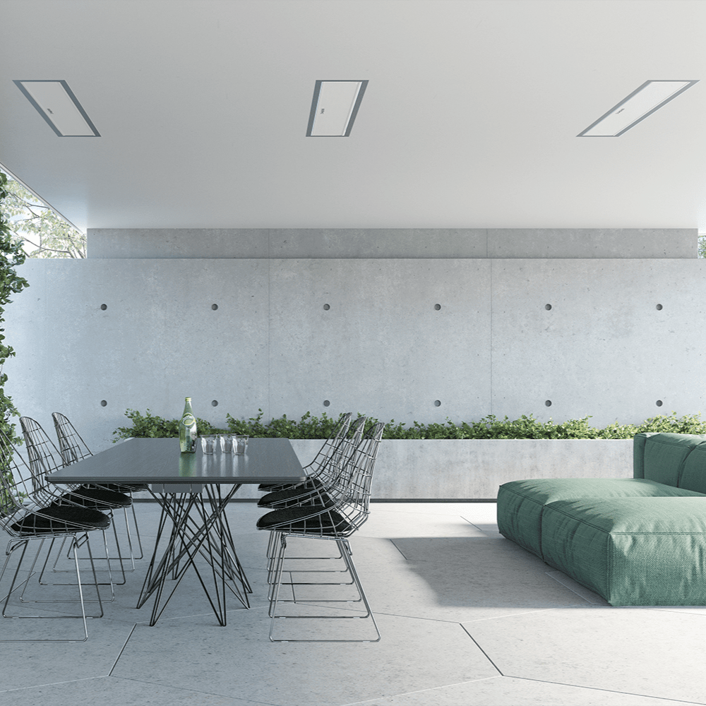 Bromic White Platinum Smart-Heat Electric Heater flush mounted on patio ceiling