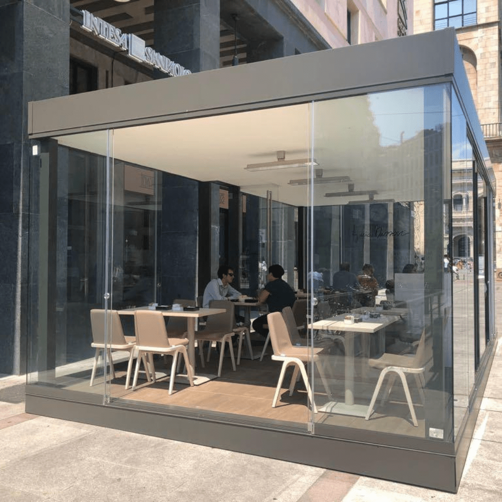 Bromic Platinum Smart-Heat Electric Heater ceiling mounted in outdoor dining area