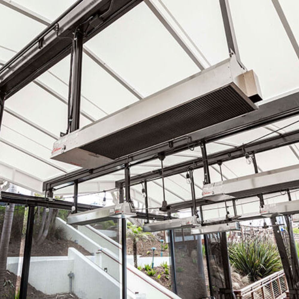 Calcana High Output Stainless Steel Gas Patio Heater mounted overhead