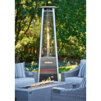 Crown Verity Quartz Tube Patio Heater in cozy patio setting beside fire pit