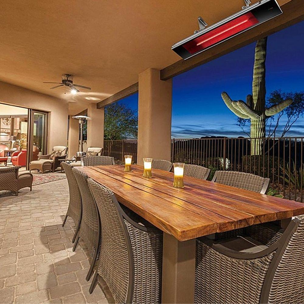 Dimplex 240V 2200W Electric Infrared Heater above a dining table on a patio