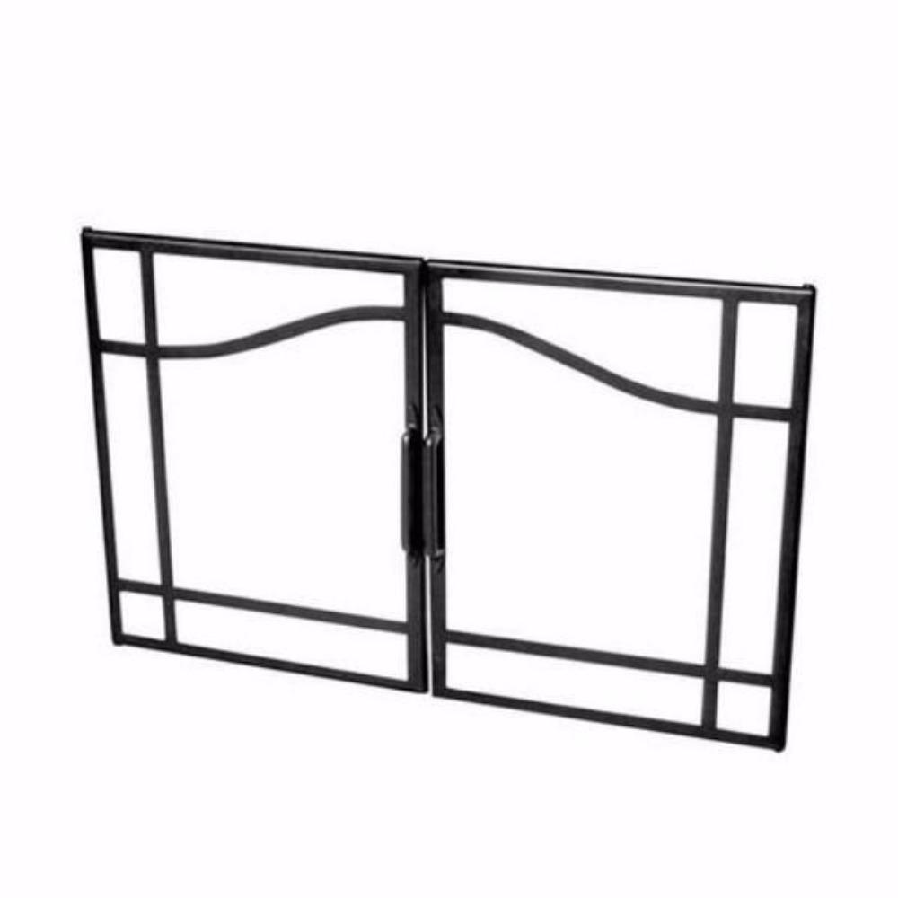 Swing glass door with black accents.