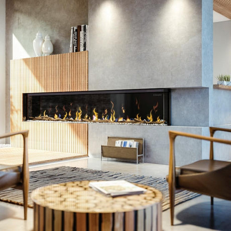 Dimplex Ignite XL Bold 3-Sided Electric Fireplace Right Installation In A Wall Panel With Wooden Accents