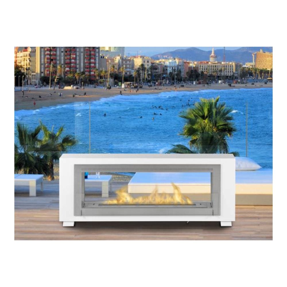 Eco-Feu Santa Cruz 63-Inch White See-Through Ethanol Fireplace Overlooking the Sea