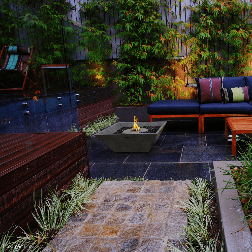 EcoSmart Fire Nova 600 24" Square Concrete Ethanol Fire Bowl In Lounge Area