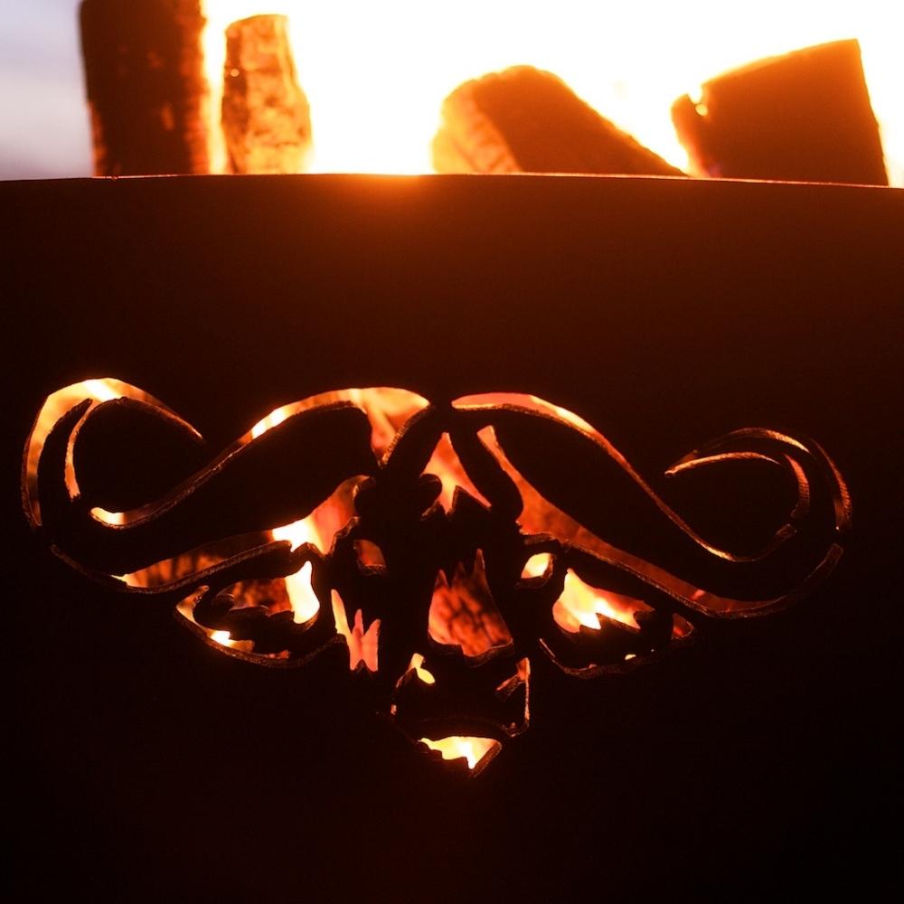 Cape Buffalo Design of Fire Pit Art Africa's Big Five With Burning Logs