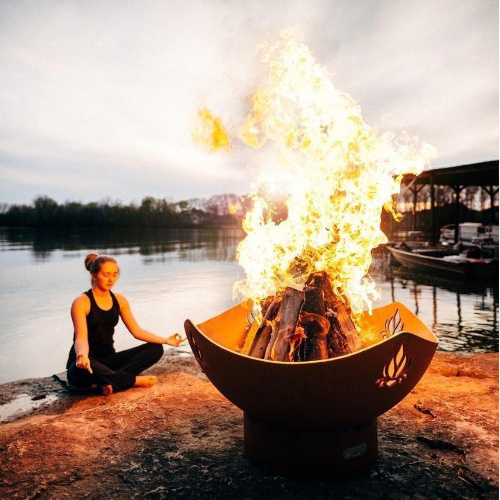 Fire Pit Art Namaste - 36" Handcrafted Carbon Steel Fire Pit Beside A Lake