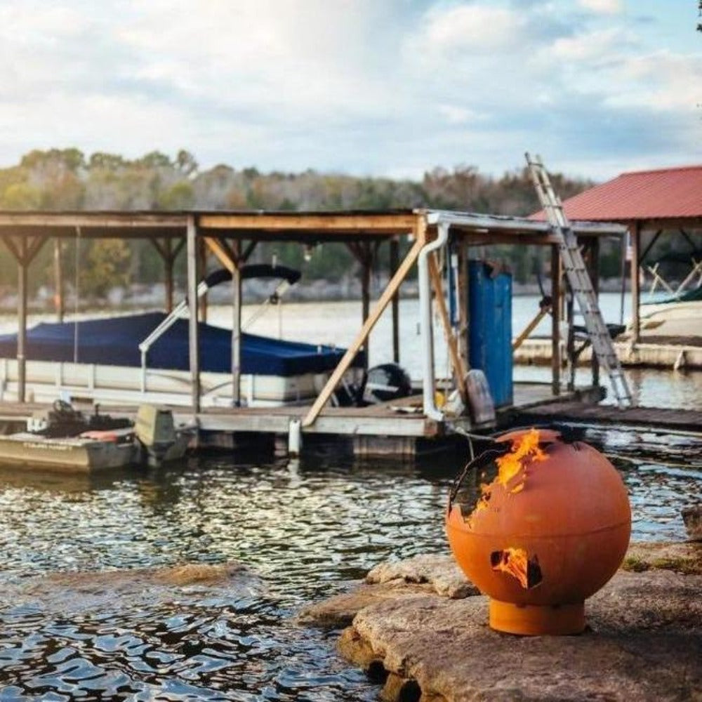 Fire Pit Art Third Rock - 36" Handcrafted Carbon Steel Gas Fire Pit In A Landscape Scenery