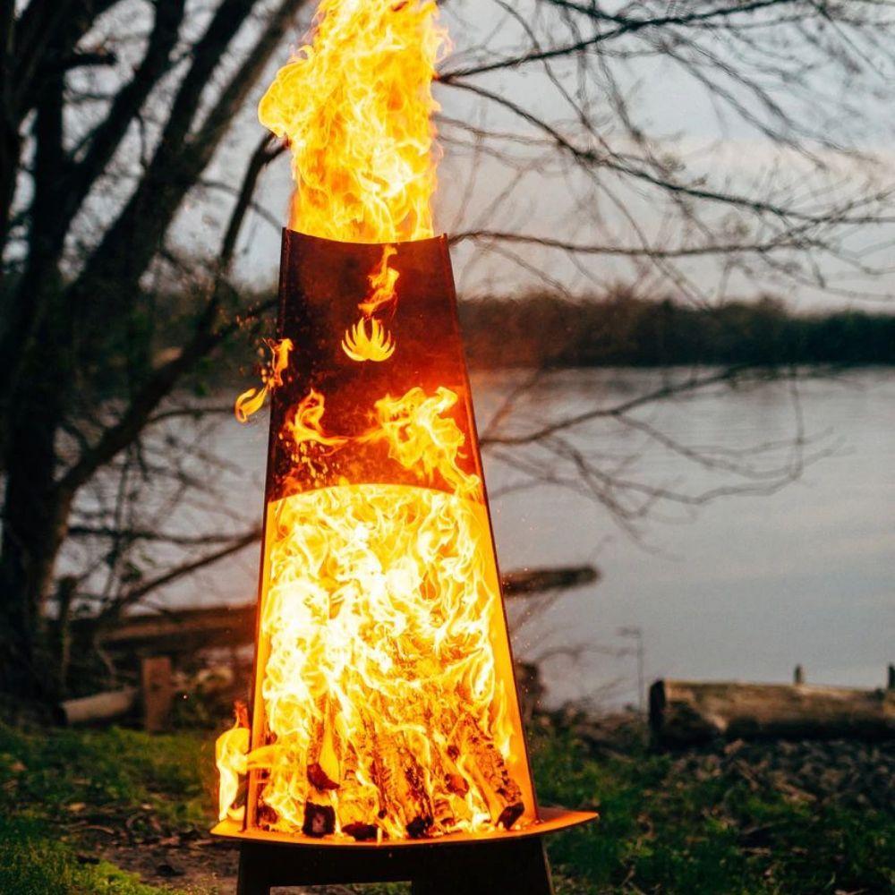 Fire Pit Art Vesuvius 21” Handcrafted Carbon Steel Fire Pit with fire (full front view)