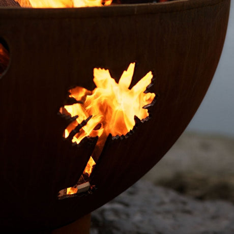 Fire Pit Art Tropical Moon 36-Inch Handcrafted Carbon Steel Gas Fire Pit Palm Cutout with Flame