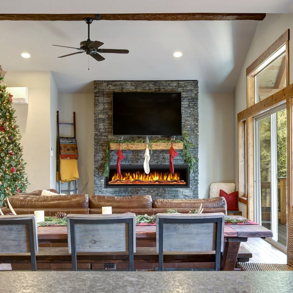 Huntington Fireplaces Sparkling Series Electric Fireplace with rustic wood mantel