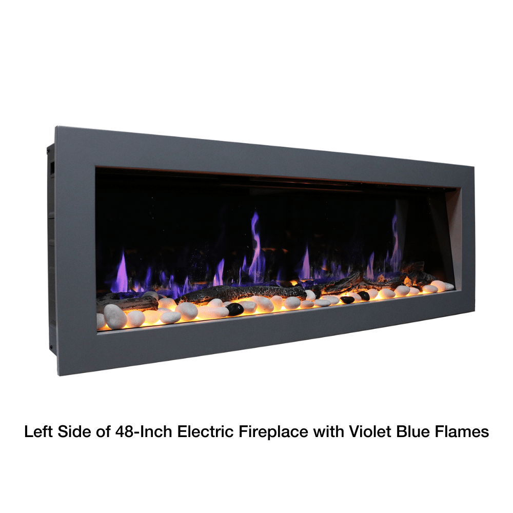left side of litedeer homes ZEF48 latitude II 48-Inch electric fireplace with violet flames
